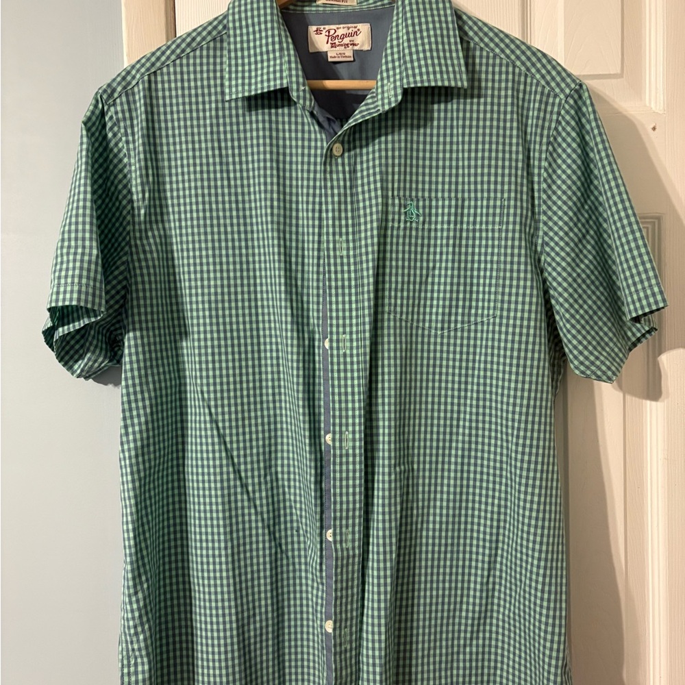 Original Penguin Men's Teal Checkered Button Down Shirt